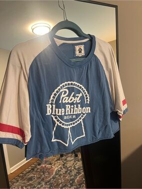 Red Jacket Blue and White Raglan Crop Top with Red Sleeve Accents
